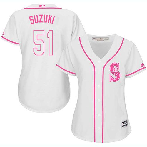 Mariners #51 Ichiro Suzuki White/Pink Fashion Women's Stitched MLB Jersey - Click Image to Close